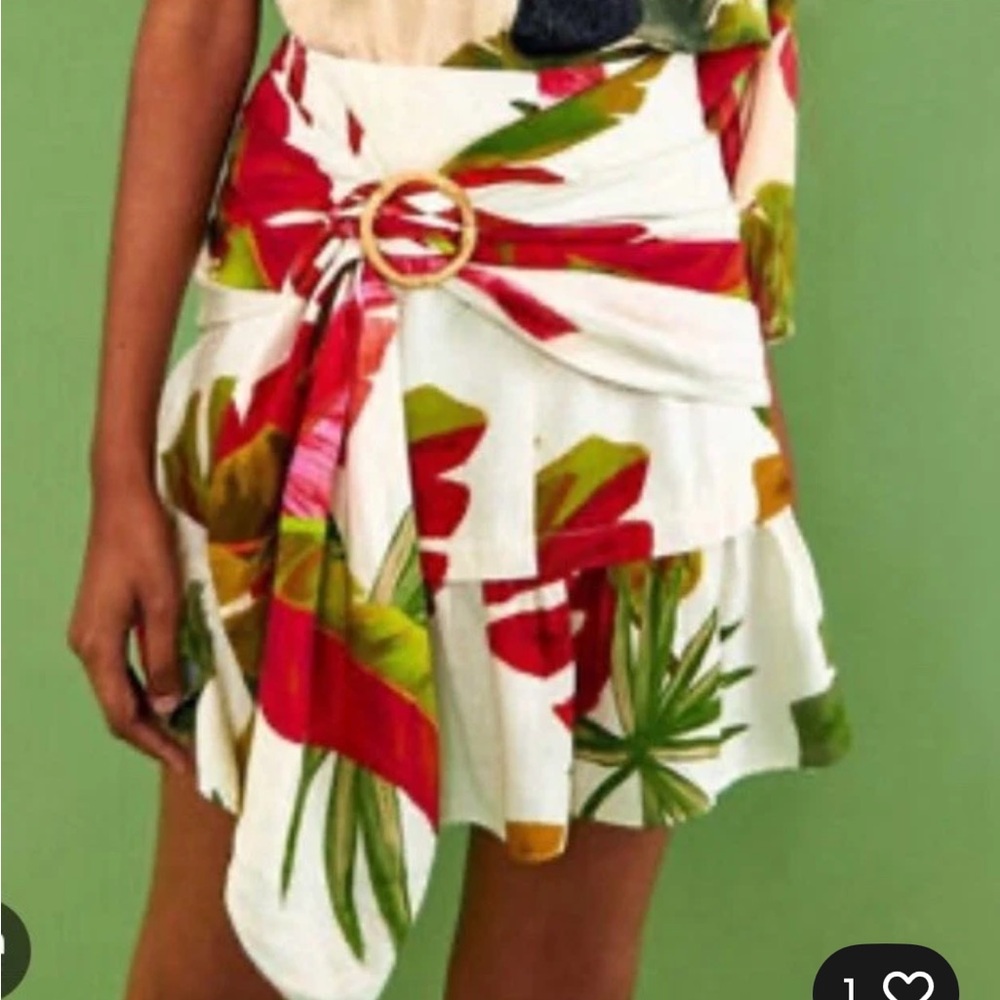 FARM RIO Tropical Linen Print Ruffle Rouched Skirt S